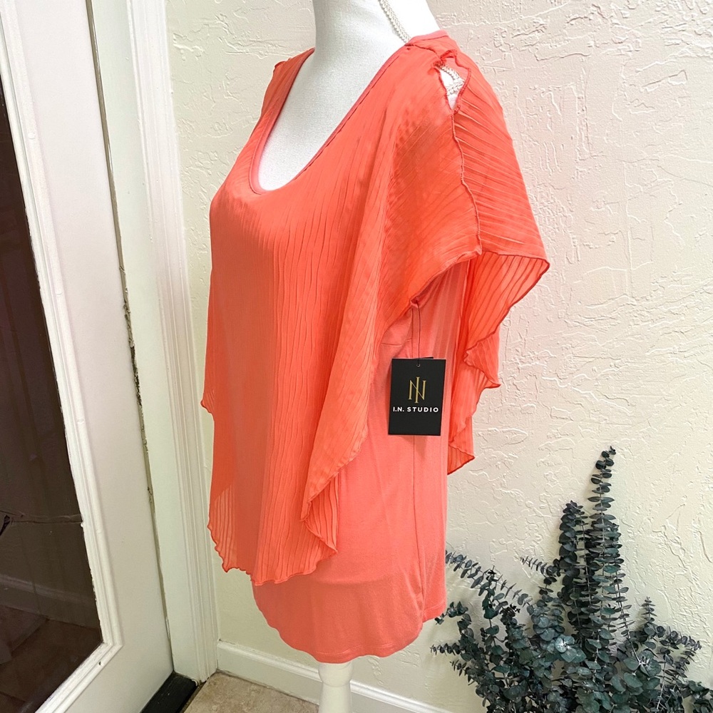 I.N. Studio Split Shoulder Asymmetrical Overlay Top Coral Size Large